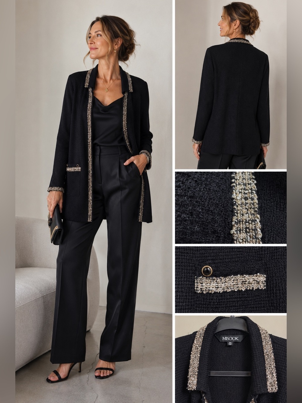 Misook Black Gold Trim Knit Open Front Cardigan Sweater Jacket Blazer Size 2x
